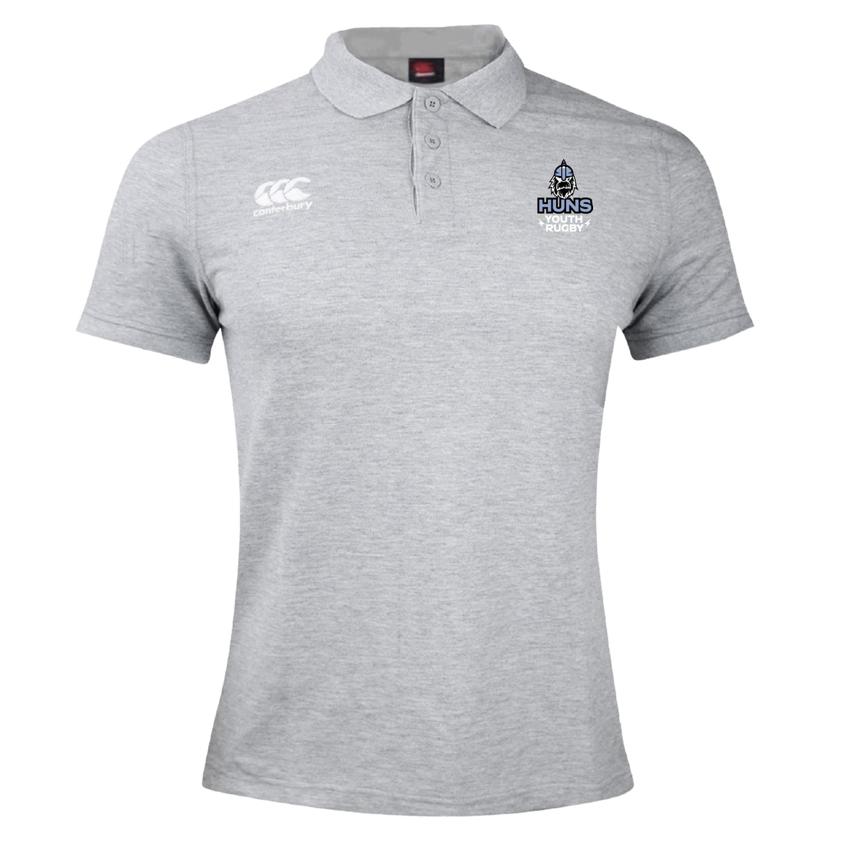 The Austin Huns Youth Rugby Waimak Polo by EMB Canterbury features light grey short sleeves, a collar, button placket, CCC logo on the right chest, and Huns Rugby logo on the left—a must-have for young rugby fans.