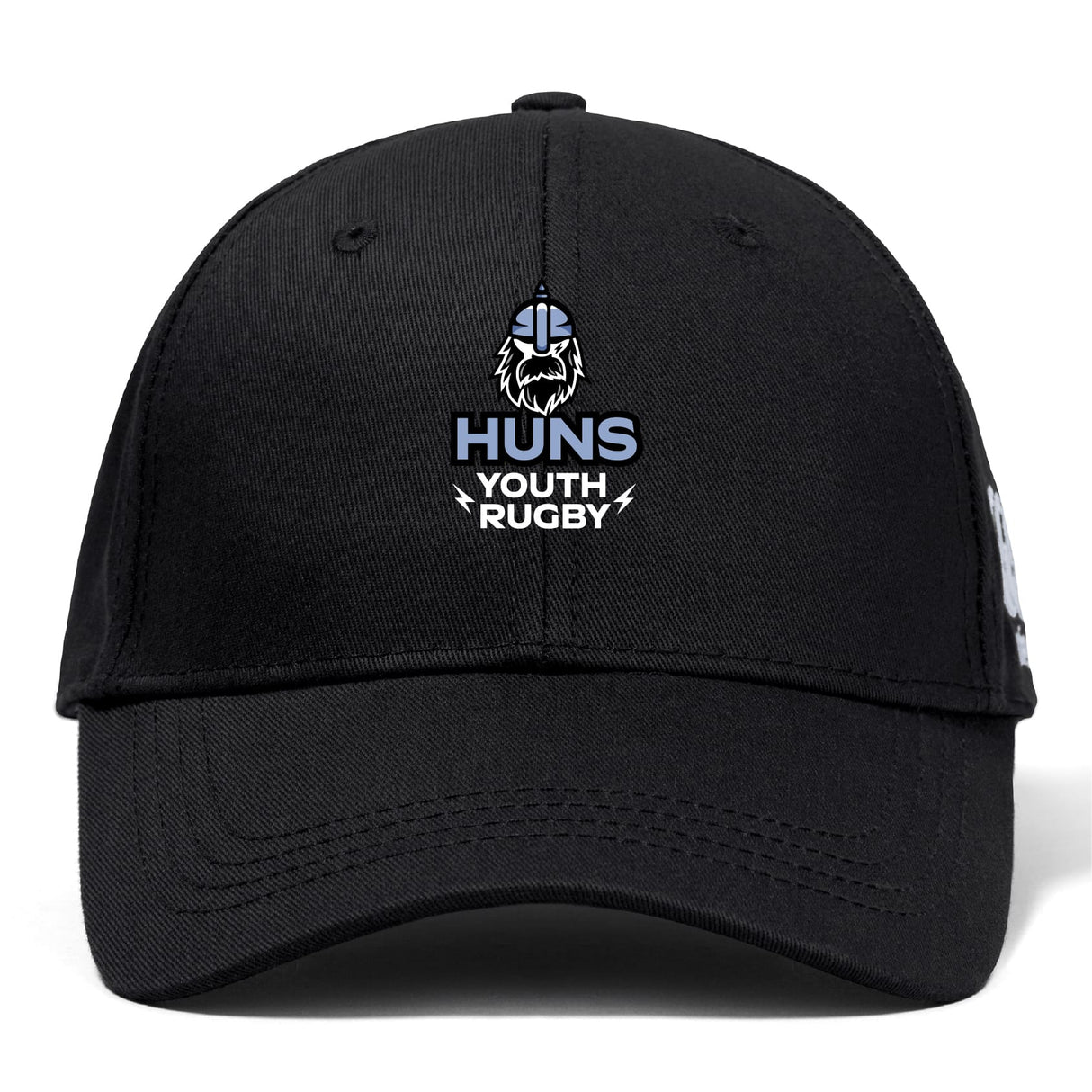 The Austin Huns Youth Rugby Flexfit Drill Cap by EMB Canterbury features a black design with the "Huns Youth Rugby" logo, including a Viking helmet and beard, and has a classic curved brim style.