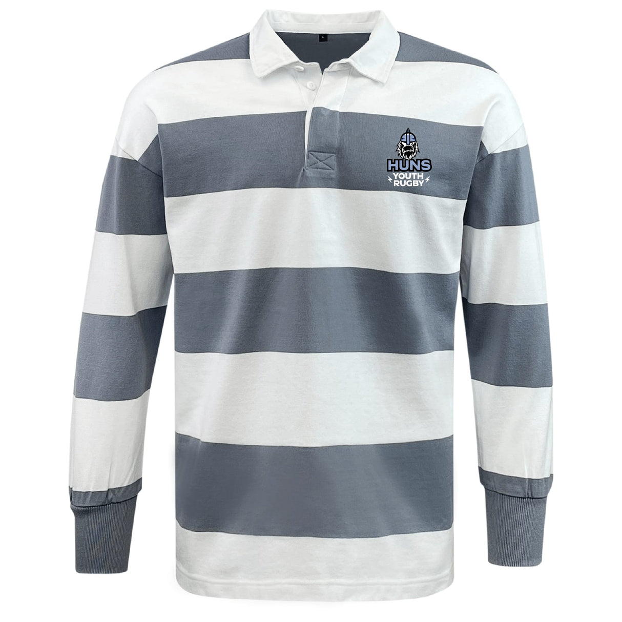 The EMB Mudoo Austin Huns Youth Rugby Classic Long Sleeve Hooped Rugby Jersey features bold grey and white stripes, a crisp white collar, and a "Huns Youth Rugby" chest logo for a classic look.