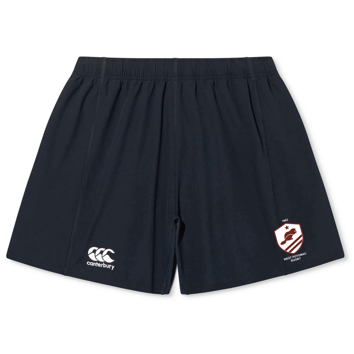 Navy blue West Potomac RFC Yokohama Shorts by EMB Canterbury with an elastic waistband, white Canterbury logo on the left leg, and a shield crest on the right—perfect for any fan of classic Canterbury rugby shorts.