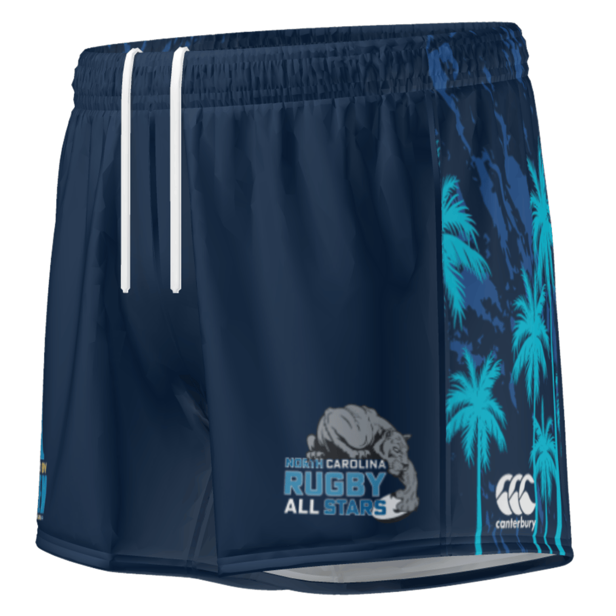 Full Custom Canterbury Yokohama Shorts by Teamatical in navy blue with palm tree graphics, "North Carolina Rugby All Stars" text, gorilla image, and Canterbury branding.