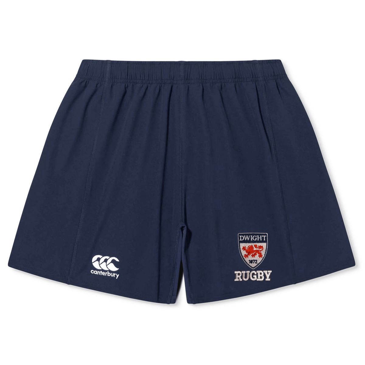 Navy blue EMB Canterbury rugby shorts featuring the brand's logo on the left and a Dwight Rugby crest on the right, made from lightweight durable fabric.