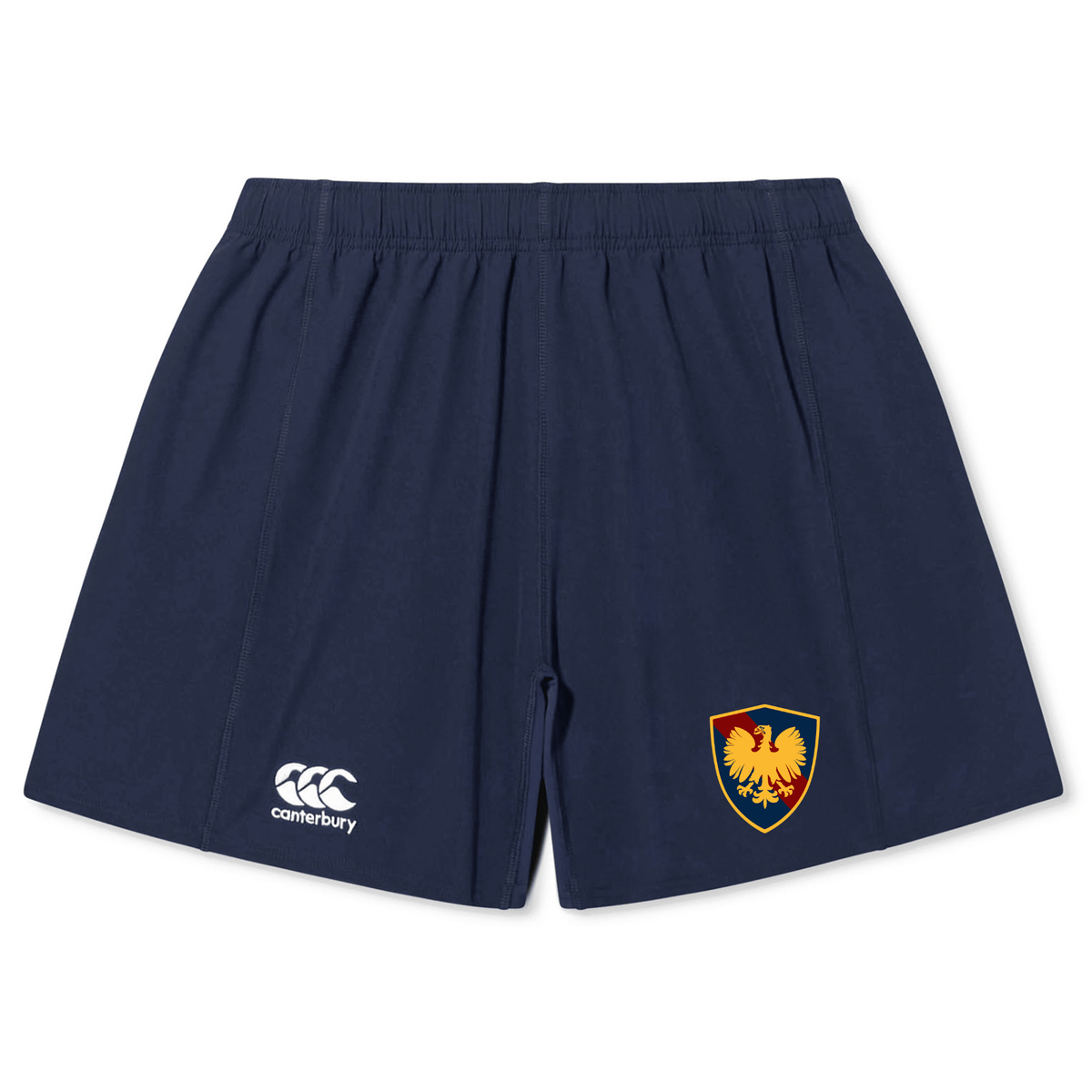 Navy blue EMB Canterbury Rugby Yokohama shorts with a small white logo on the left leg and a vibrant orange and yellow crest on the right leg, commemorating the 2019 Rugby World Cup.