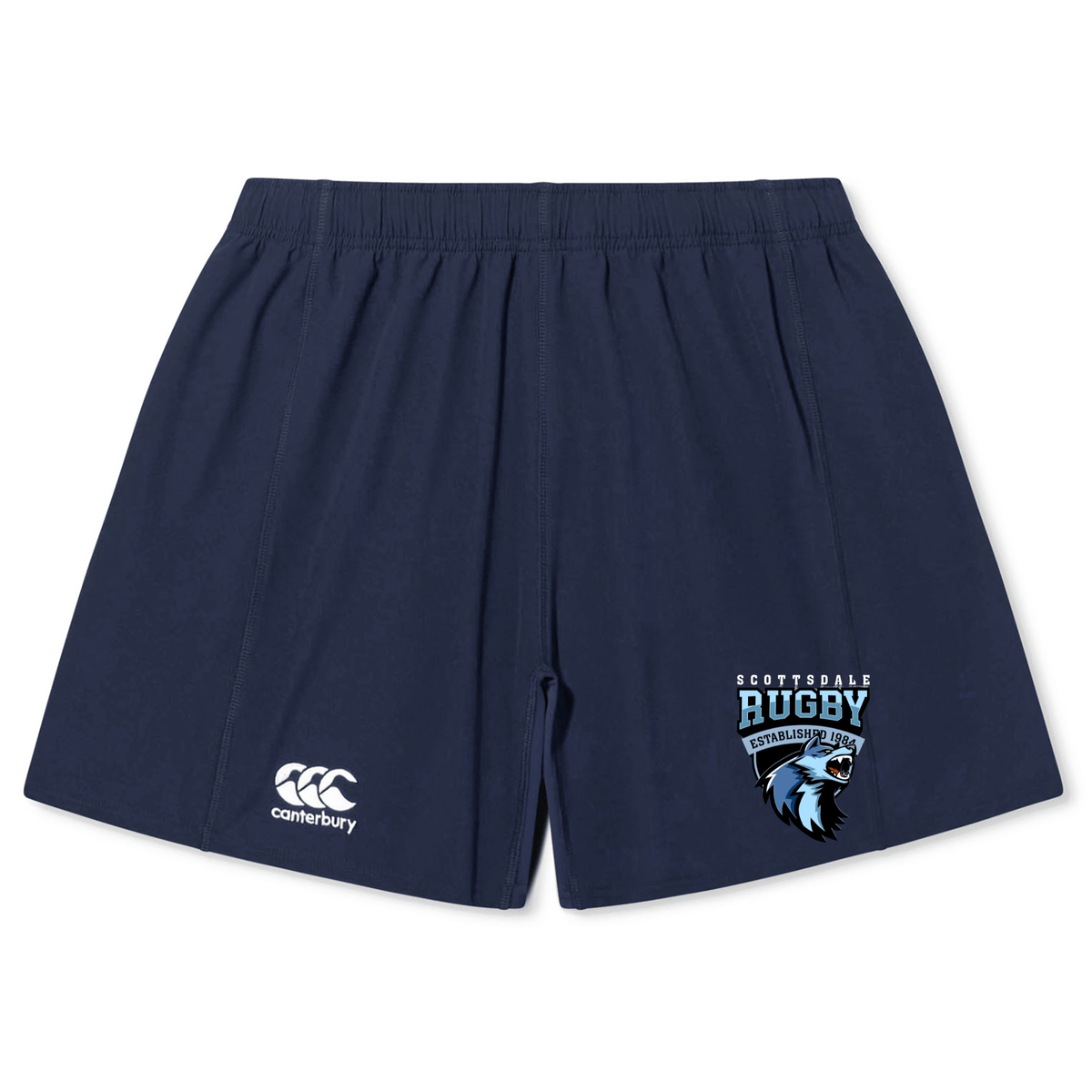 Navy blue EMB Canterbury rugby shorts with the Scottsdale Rugby Yokohama logo and a stylized eagle graphic on the left leg, crafted from lightweight durable fabric.