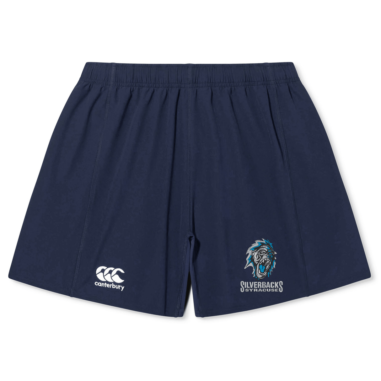 Navy blue sports shorts featuring logos of EMB Canterbury and Silverbacks with a roaring lion's head emblem, crafted from durable fabric ideal for rugby players. Perfectly suited for intense matches, the Syracuse Silverbacks Yokohama Short by Canterbury ensures both comfort and performance.