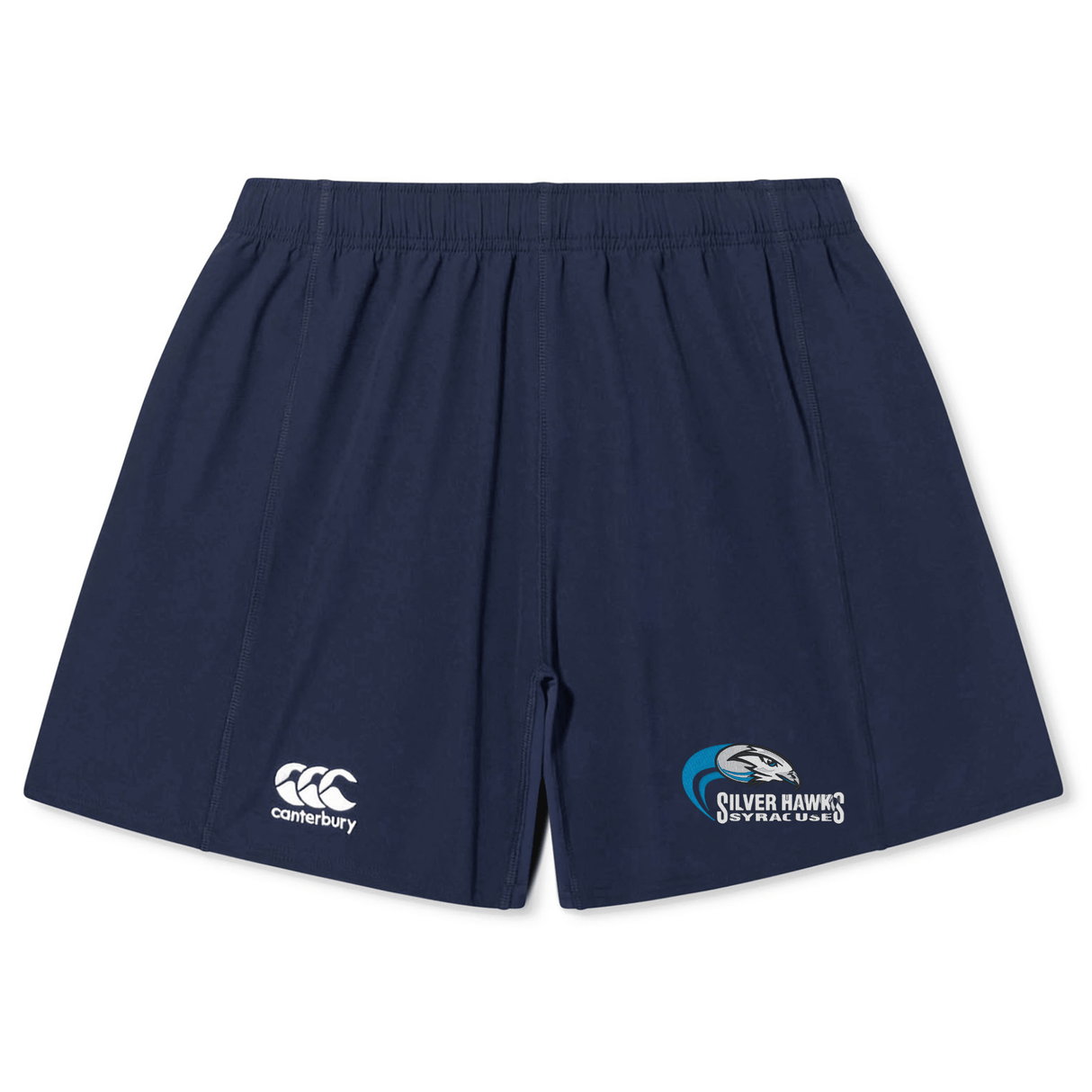 Navy blue Syracuse Silver Hawks Yokohama Short by Canterbury sports shorts with an elastic waistband, durable fabric, and logos on the front for EMB Canterbury—perfect for rugby players.