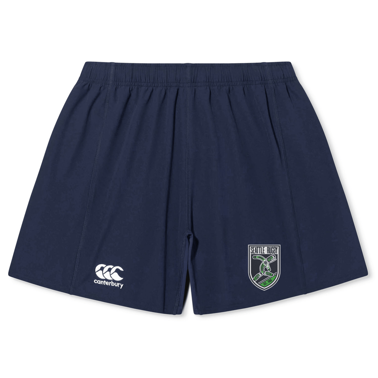 Navy blue CCC Rugby Yokohama Short with a white EMB Canterbury logo on the left leg and a Seattle Rugby Club emblem on the right.