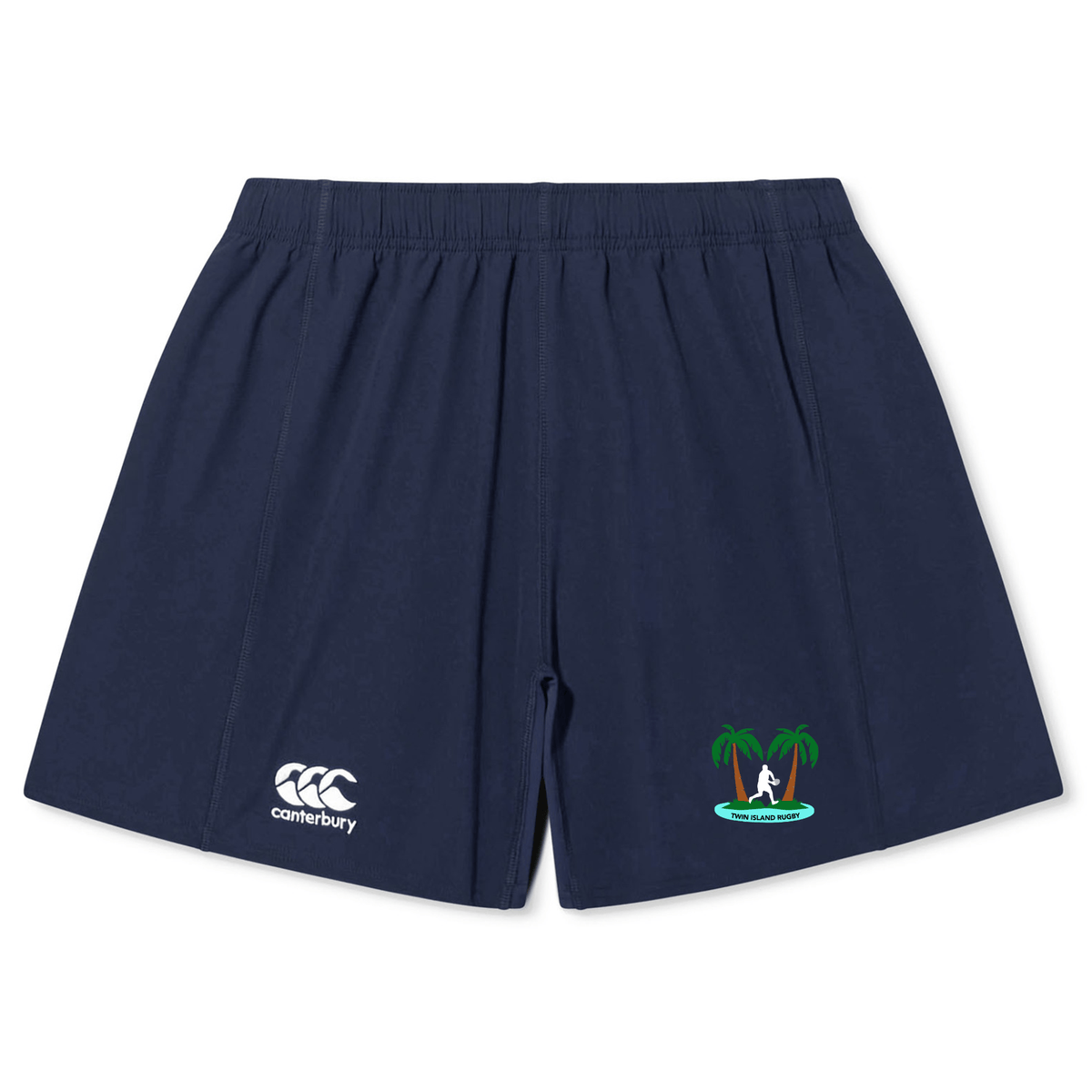 Navy blue Twin Island Rugby Yokohama shorts by EMB Canterbury with a small white logo on the left thigh and a palm tree motif on the right.