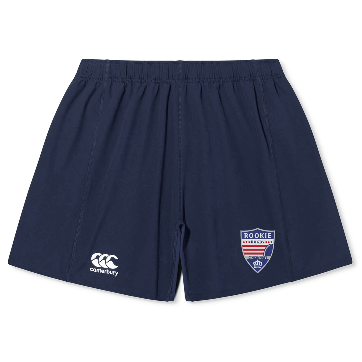 Cincinnati Rookie Rugby Yokohama Short by EMB Canterbury made from lightweight durable fabric, featuring an embroidered "Rookie Rugby" logo on the left leg and a white EMB Canterbury logo on the right leg.