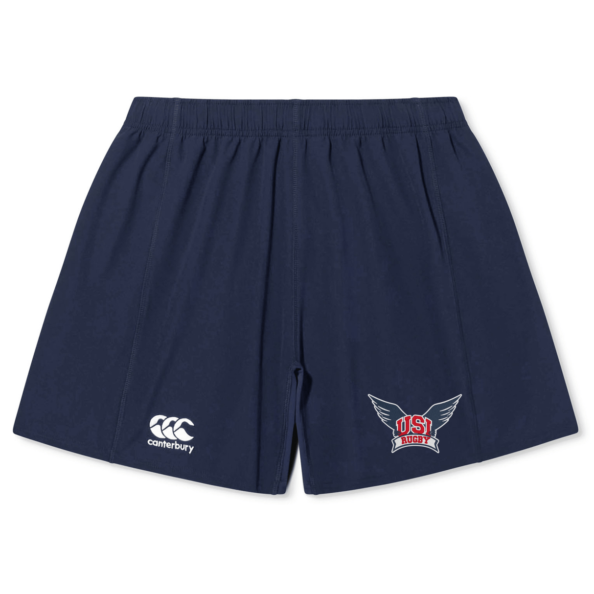 Navy blue rugby shorts crafted from durable fabric, featuring a Canterbury logo on the left leg and a US Rugby emblem on the right leg, these are the University of Southern Indiana Yokohama Shorts by EMB Canterbury.