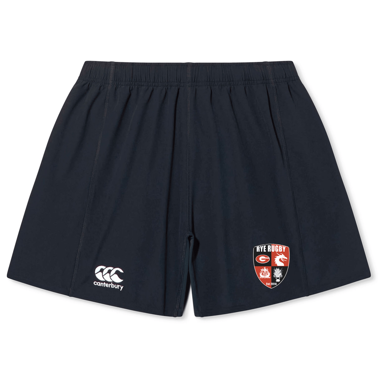 Navy blue Rye High School Rugby Yokohama shorts by EMB Canterbury with logo and "live rugby" emblem.