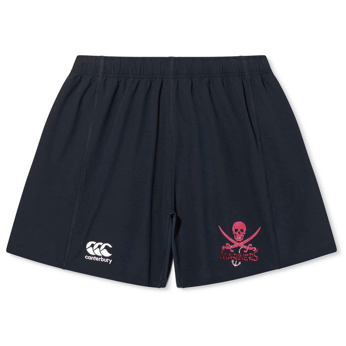 Navy blue SUNY Maritime Yokohama Shorts by EMB Canterbury with a white Canterbury logo on the left and a pink "Port Pirates Mariners" skull and crossbones logo on the right, crafted from lightweight durable fabric.