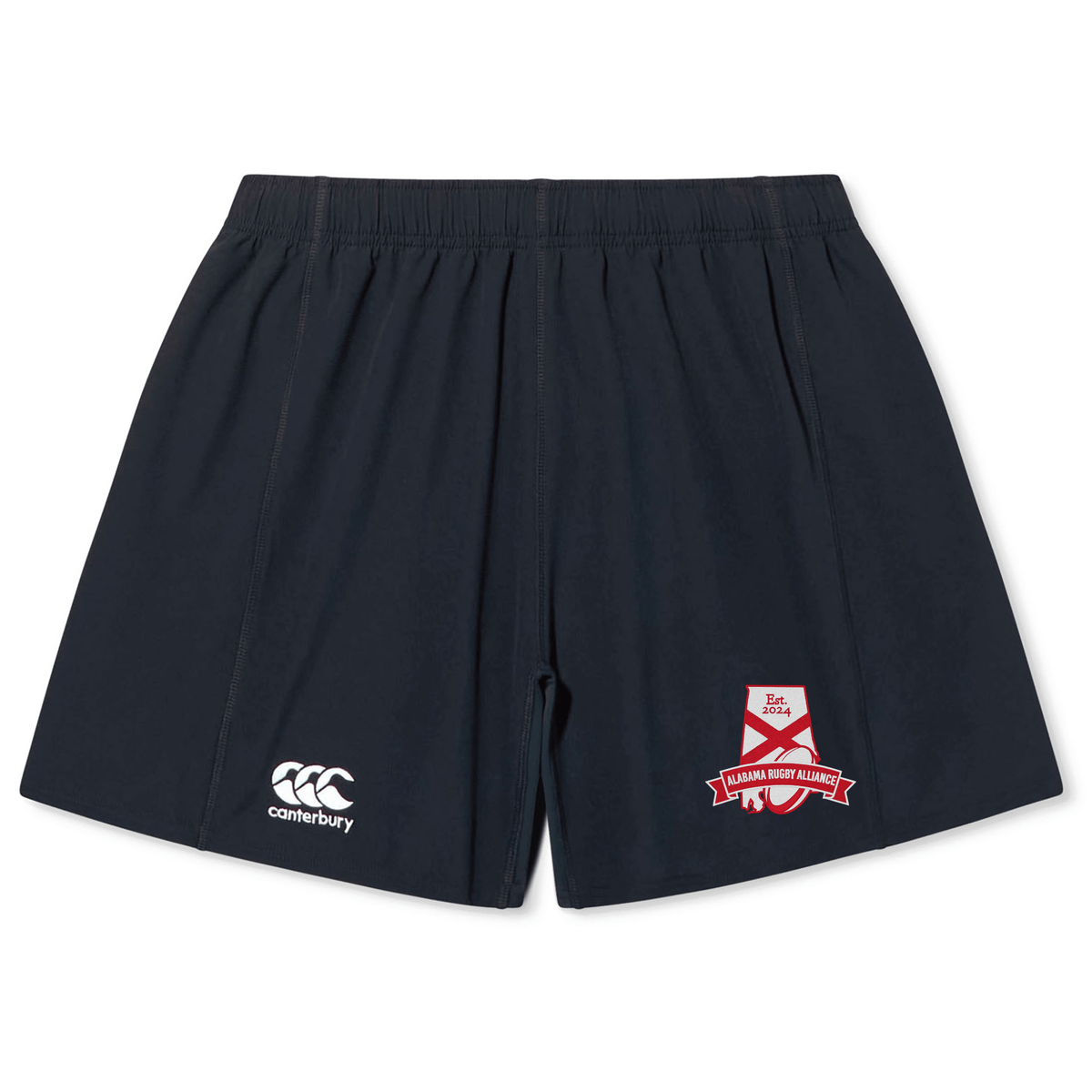 Navy blue Alabama Rugby Alliance Yokohama shorts with EMB Canterbury logo and a red and white team emblem on the left leg, displayed against a white background.