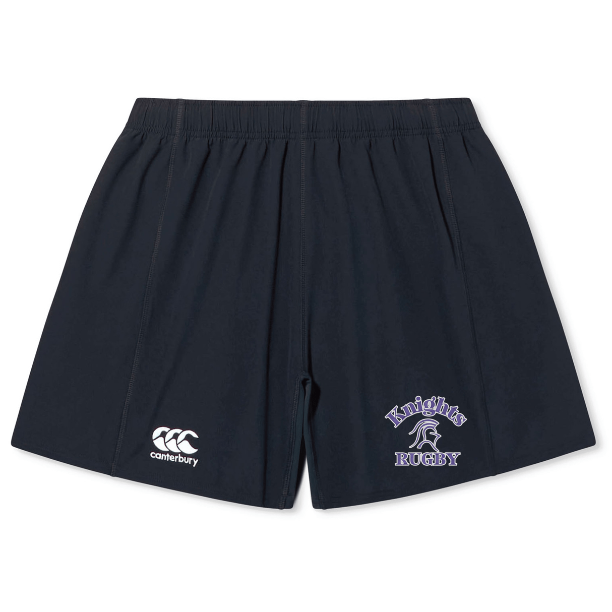 The Ardrey Kell Rugby Yokohama Short by Canterbury with a gathered waistband. The left side features the EMB Canterbury logo, and the right side displays a "Knights Rugby" emblem with a helmet graphic. Crafted from lightweight durable fabric for optimal performance on the field.