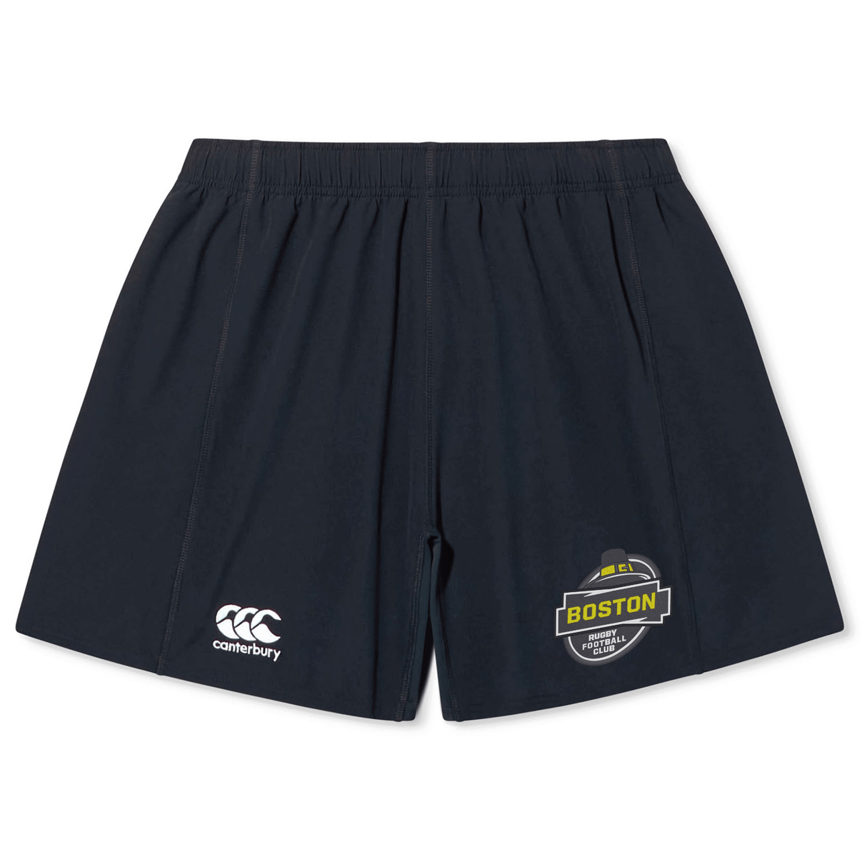 Navy blue EMB Canterbury rugby shorts with a Boston RFC Yokohama Short emblem on the left leg and a EMB Canterbury logo on the right, crafted from lightweight durable fabric.