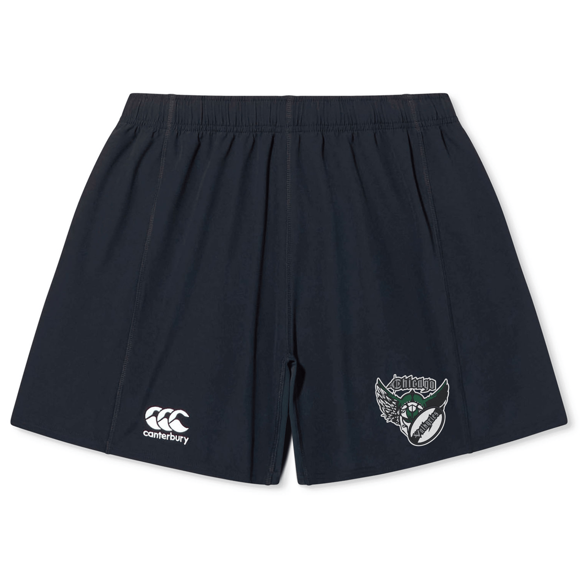 Navy blue Chicago Valkyries Yokohama shorts with an embroidered EMB Canterbury logo on the left and a team emblem on the right, crafted from durable fabric.