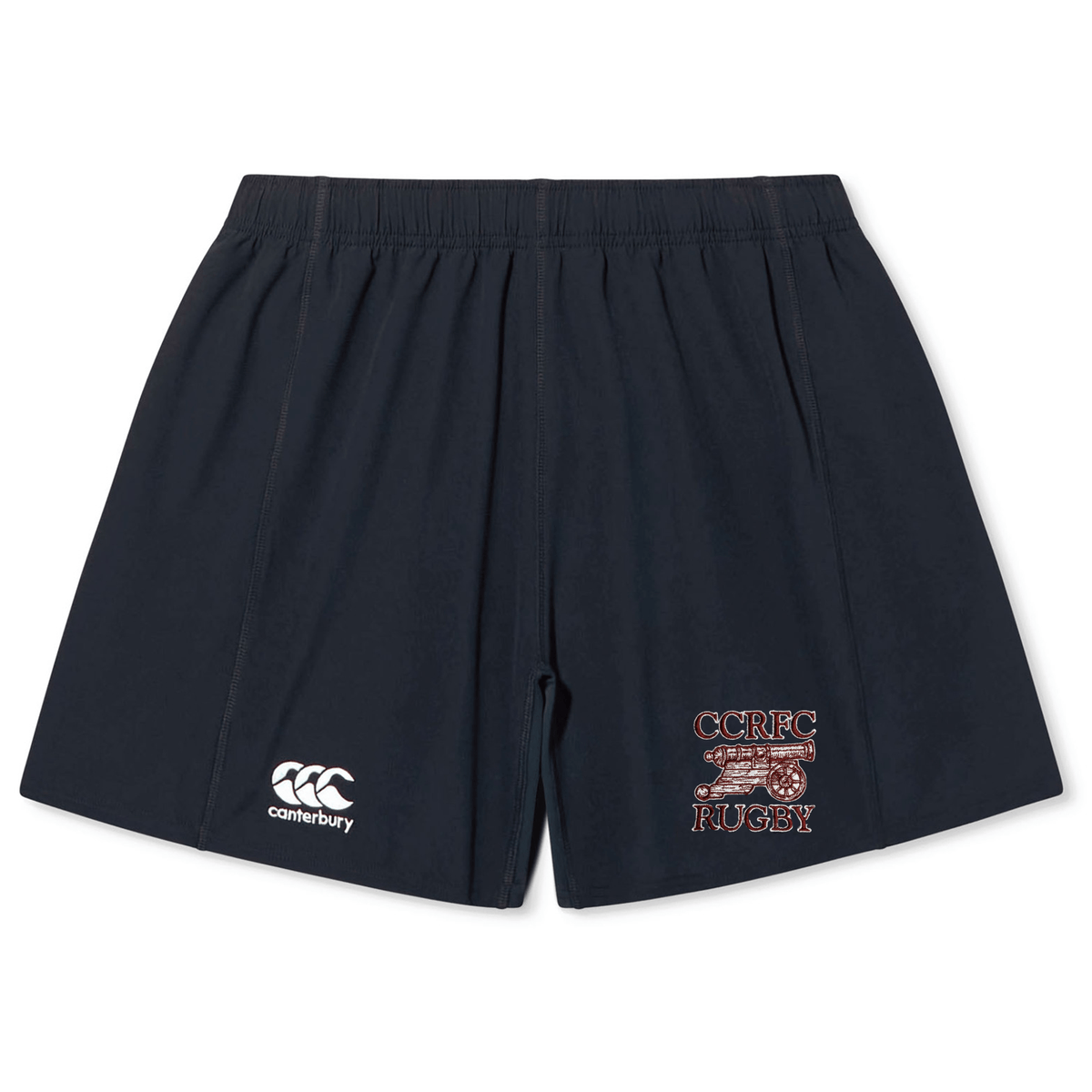 Concord Carlisle Rugby Yokohama Shorts by EMB Canterbury with 'ccrfc rugby' logo embroidered on the right leg and the canterbury logo on the left, featuring a gathered waistband.