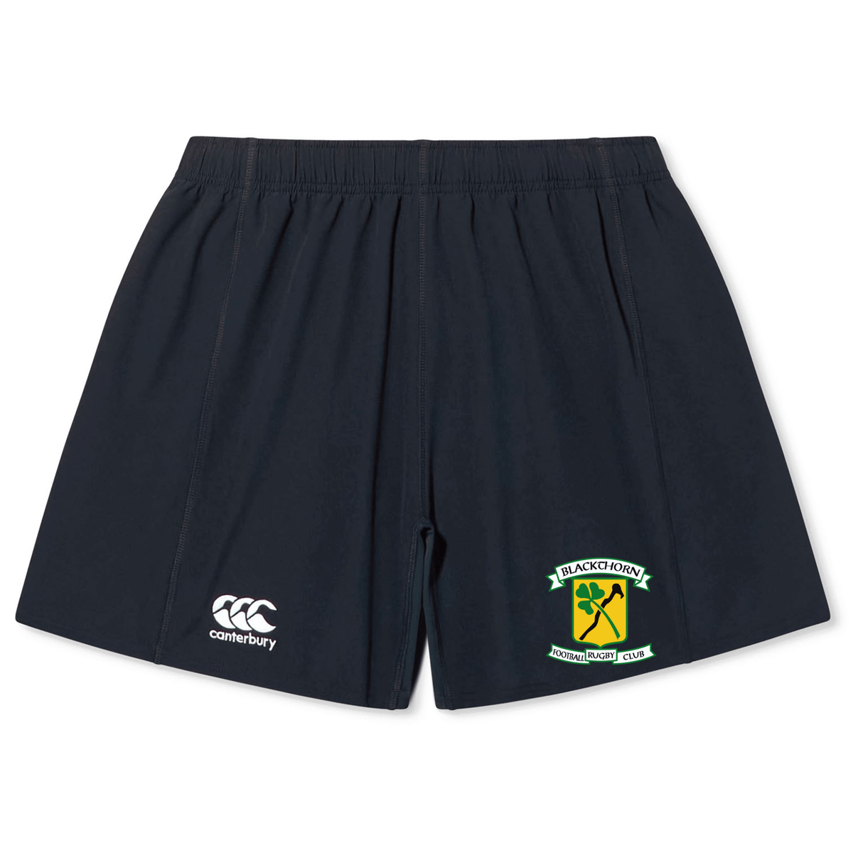 Navy blue EMB Canterbury rugby shorts with a Blackthorn RFC Yokohama Short emblem on the left leg and the EMB Canterbury logo on the right, crafted from durable fabric.