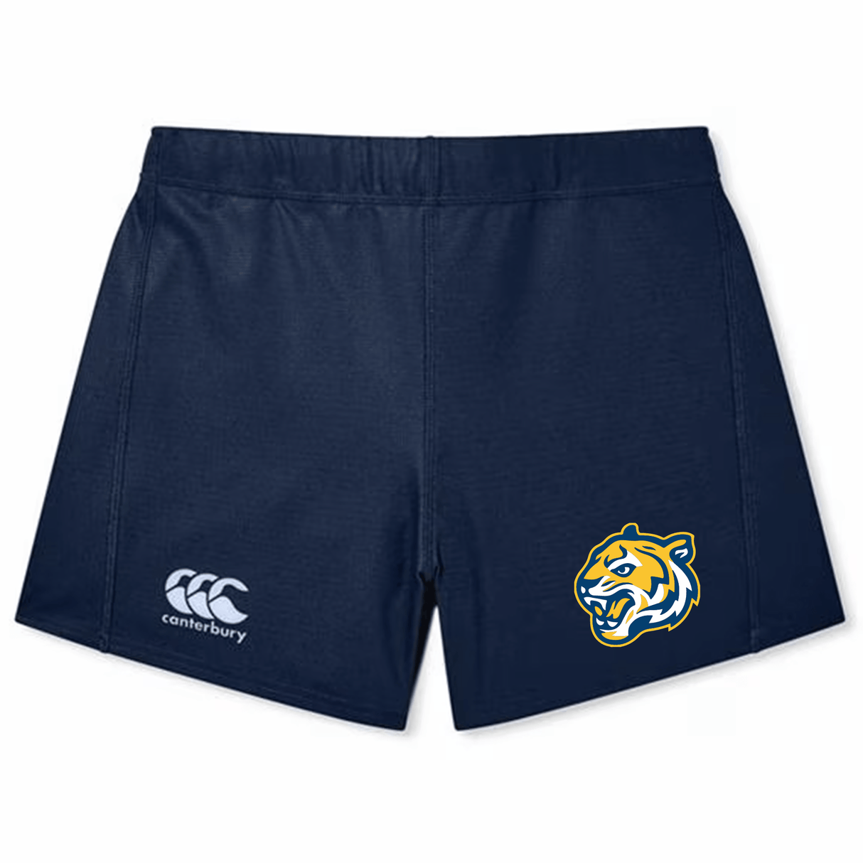 Navy blue sports shorts featuring a CCC logo on the left and a lion mascot logo on the right: Noble Street College Prep Women's Yokohama Short by EMB Canterbury.
