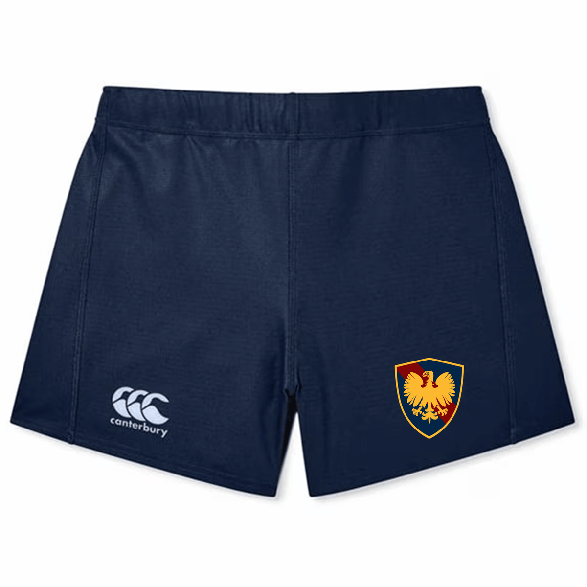 Navy blue sports shorts with EMB Canterbury logo on the left hem and a golden eagle emblem on the right leg, crafted from Vapodri fabric.