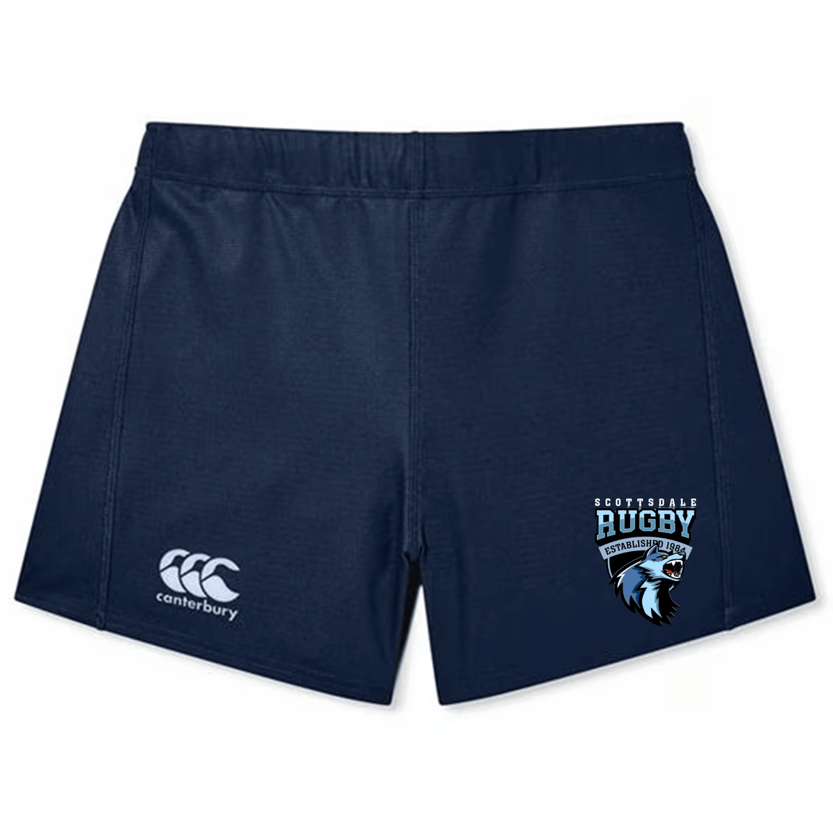 Navy blue EMB Canterbury shorts with the Canterbury logo on the left leg and "Scottsdale Rugby" text with a lion logo on the right leg.
