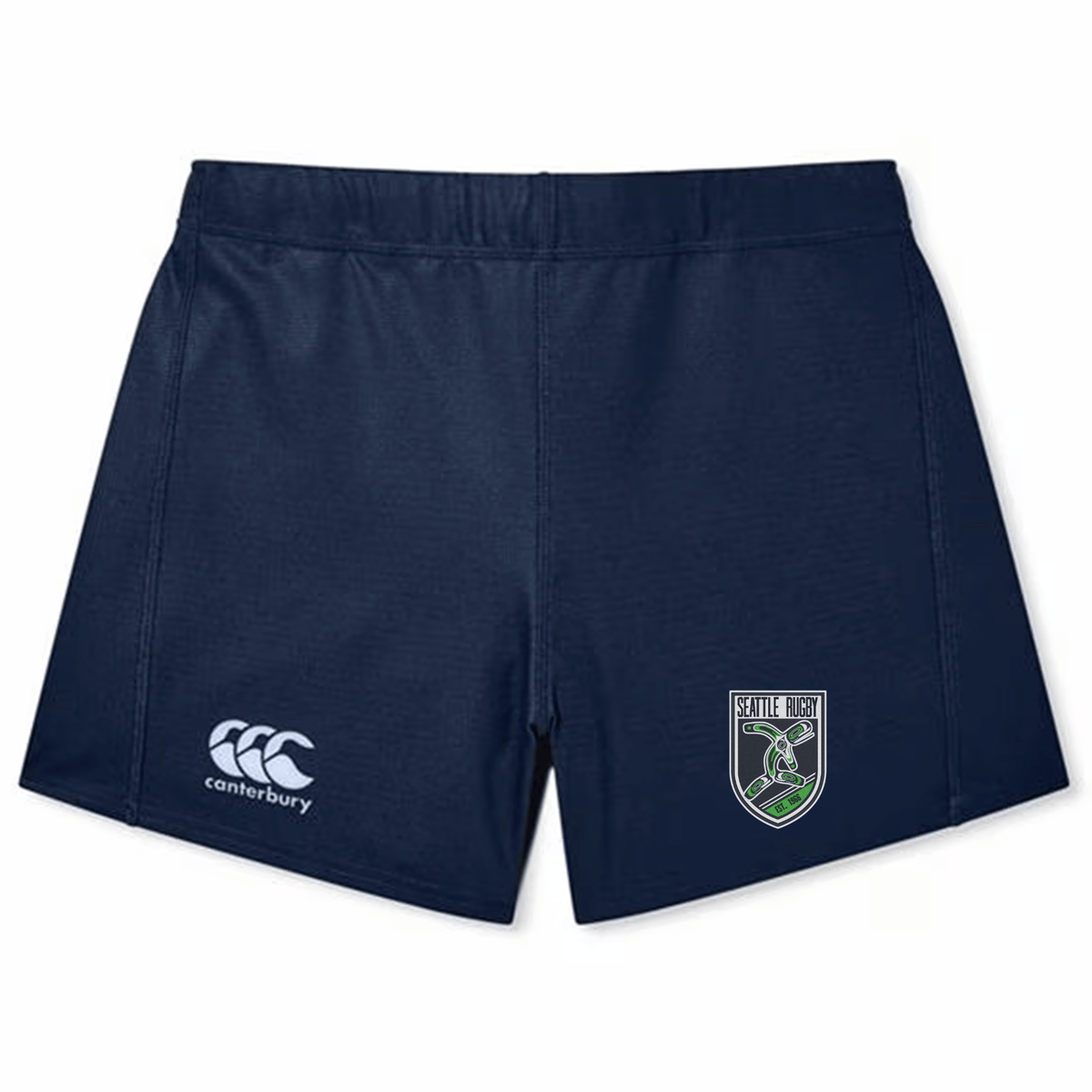 Navy blue athletic shorts featuring the EMB Canterbury logo on the left leg and the Seattle Rugby Club Women's Yokohama Short by Canterbury crest on the right leg, crafted from Vapodri fabric.