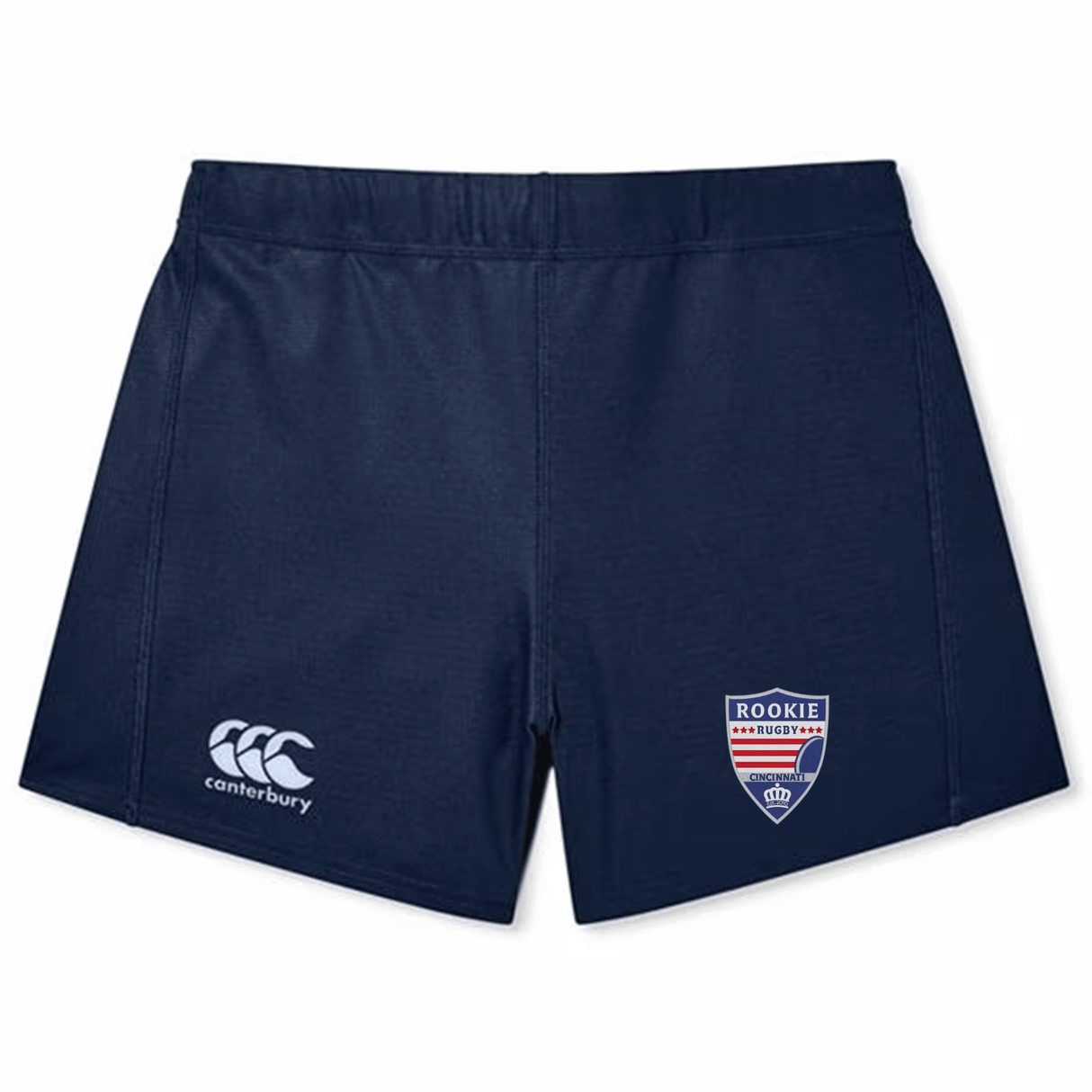 Navy blue rugby shorts featuring a "Cincinnati Rookie Rugby Women's Yokohama Short by Canterbury" logo on the right leg and an "EMB Canterbury" logo on the left leg, crafted from durable Vapodri fabric for a comfortable, secure fit.