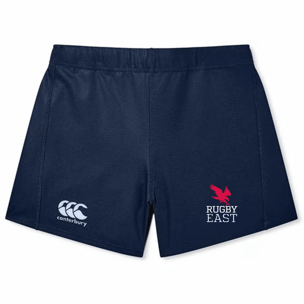 Navy blue Rugby East Conference Women's Yokohama Short by Canterbury featuring the EMB Canterbury logo on the left leg and a "Rugby East" graphic with a red eagle on the right leg, made from lightweight durable fabric.