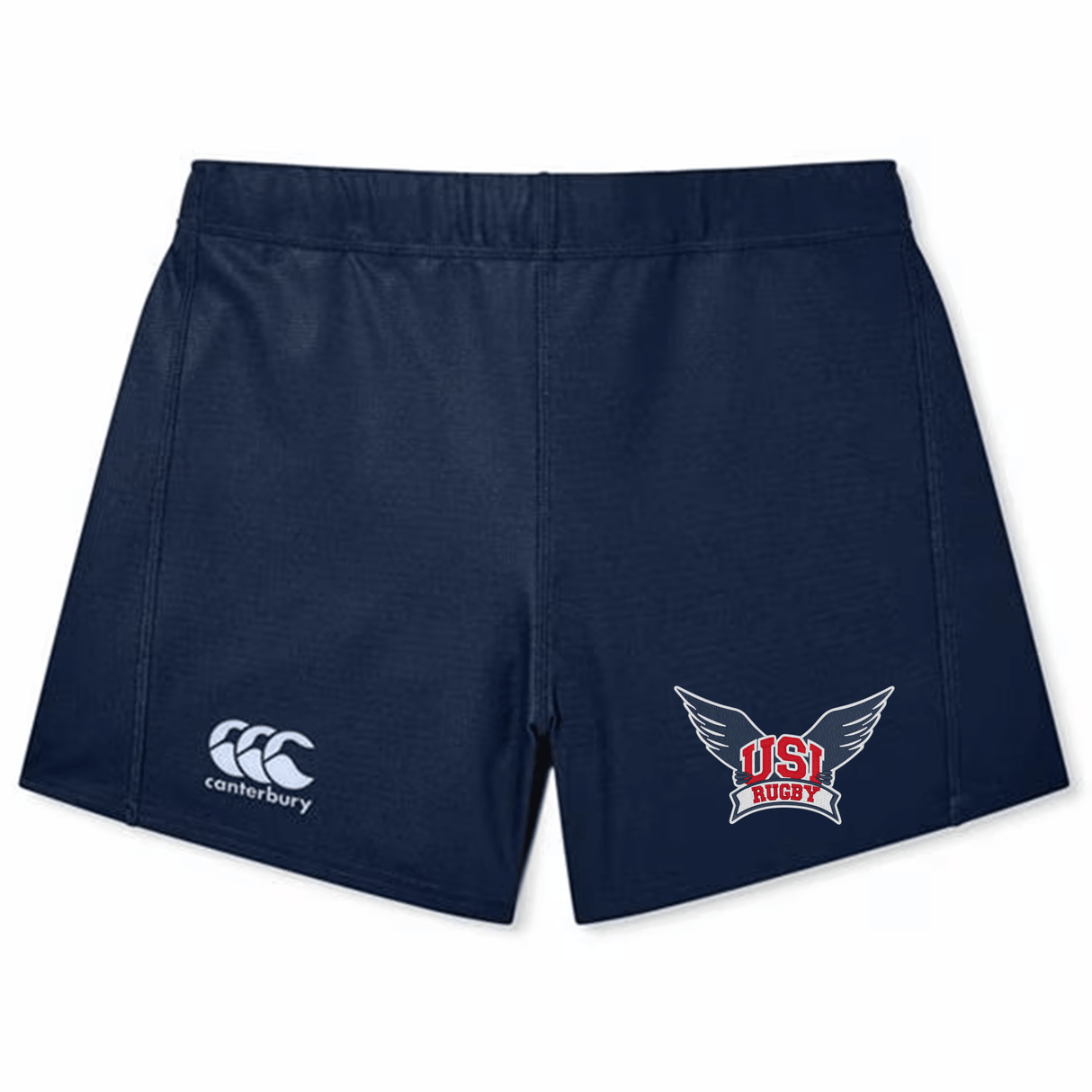 Navy blue University of Southern Indiana Women's Yokohama Short by Canterbury featuring the EMB Canterbury logo on the left and the USA Rugby logo on the right, crafted from lightweight durable fabric for a secure fit.