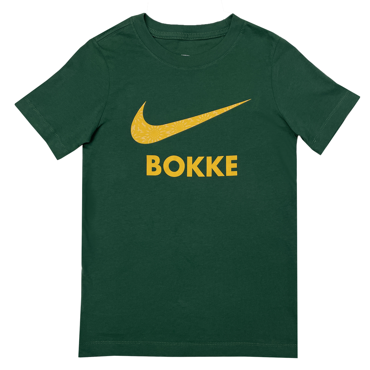 Show your support with the Youth Springboks 25 Bokke T-Shirt by Nike, featuring a green design with a yellow Nike swoosh and bold "BOKKE" on the chest—an authentic choice for South Africa Rugby fans.