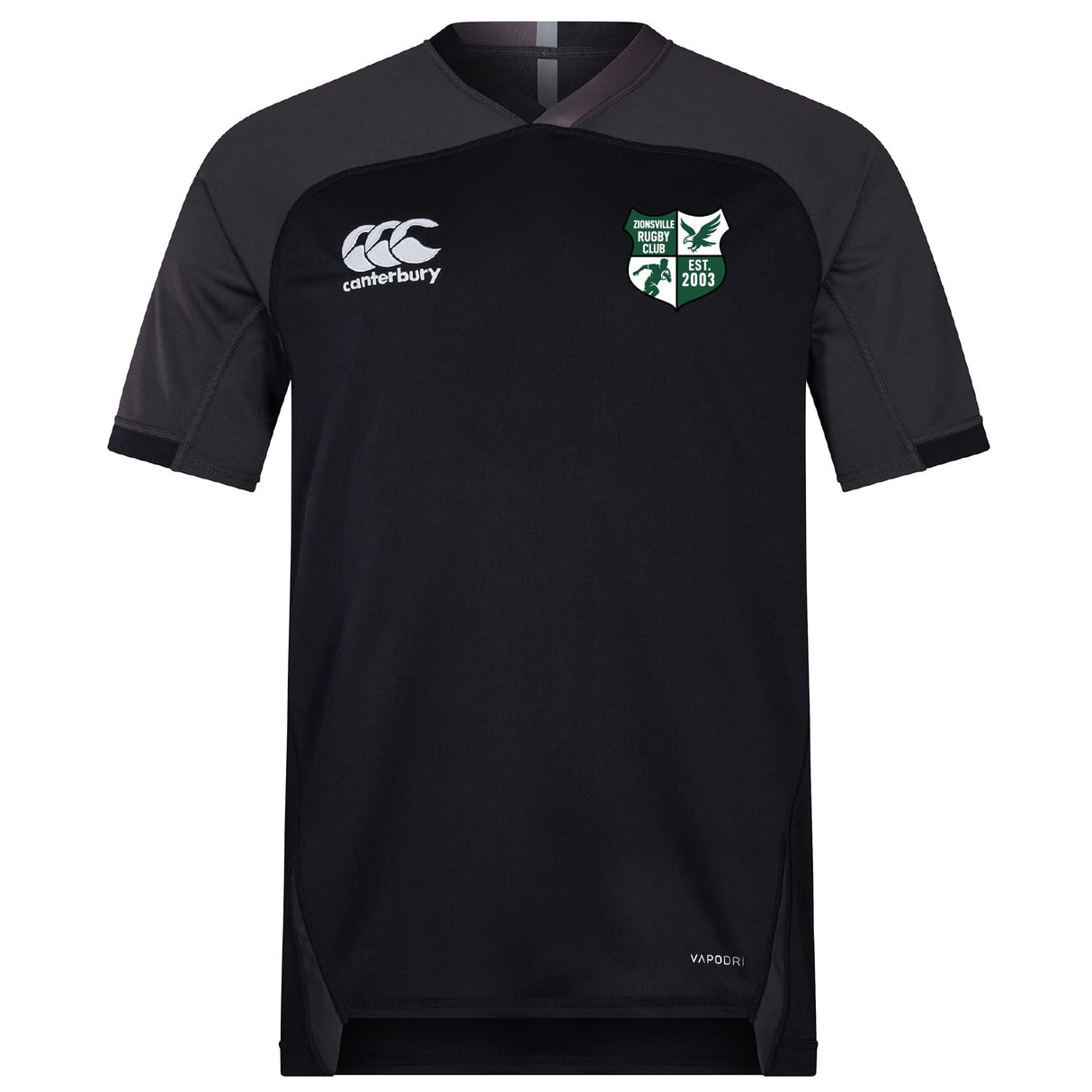 The EMB Canterbury Zionsville Rugby Club Vapodri Evader Jersey features short sleeves, a white Canterbury logo on the right chest, a green and white club crest on the left, and moisture-wicking fabric for comfort.