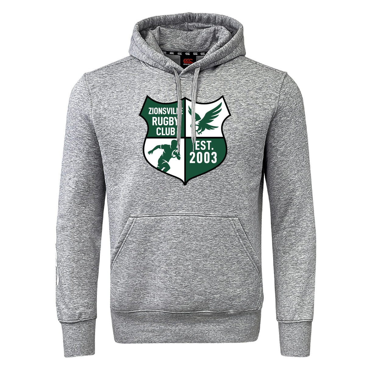 The Zionsville Rugby Club Club Hoodie by WRS Canterbury is a gray hoodie with a front pocket and green-and-white crest with "EST. 2003" on the chest—a comfortable, go-to sweatshirt for fans.