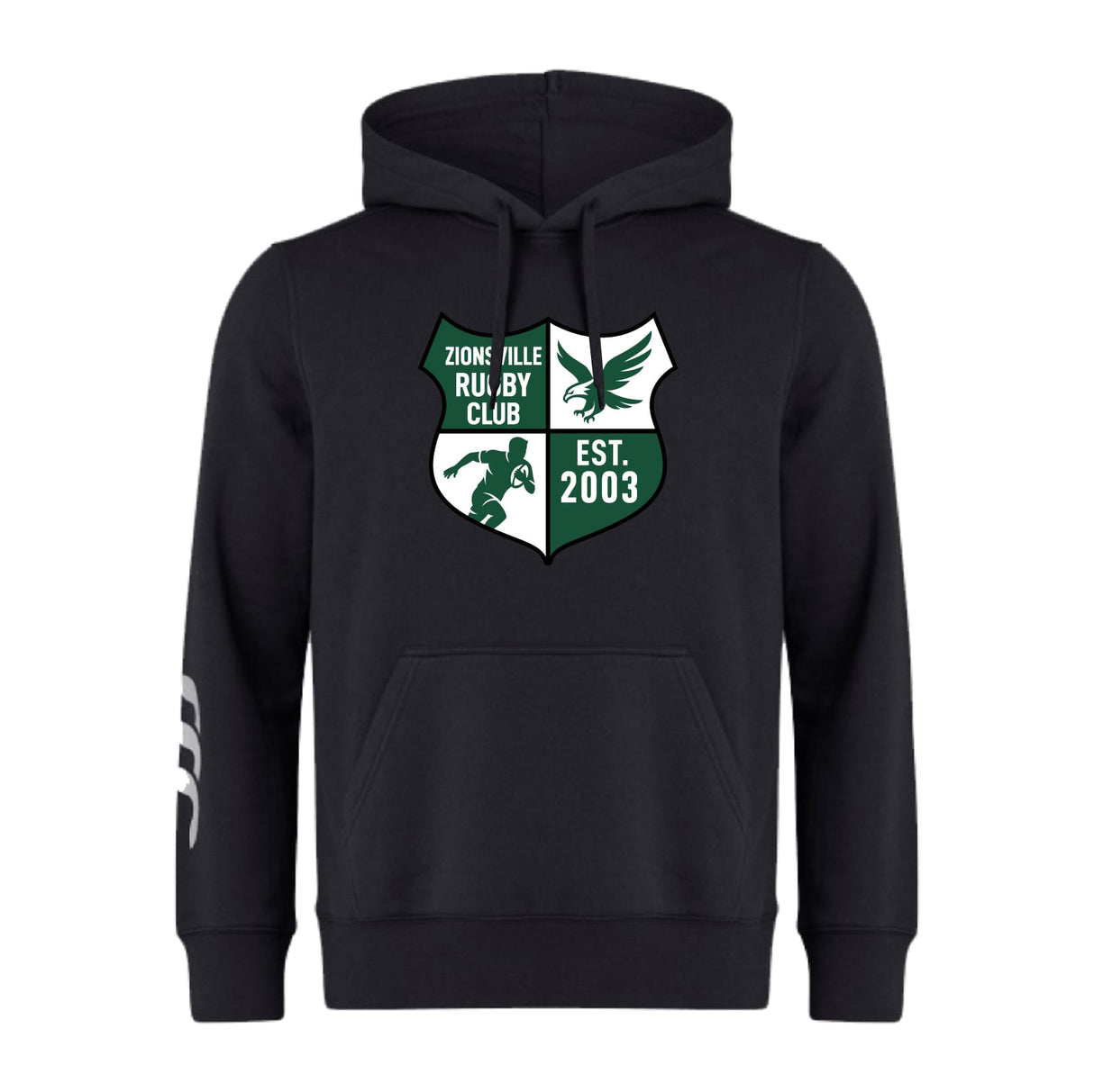 The Zionsville Rugby Club Club Hoodie by WRS Canterbury features a black design, front crest with "Zionsville Rugby Club," bird and player graphics, "Est. 2003" in green and white, plus white stripes on the left sleeve.