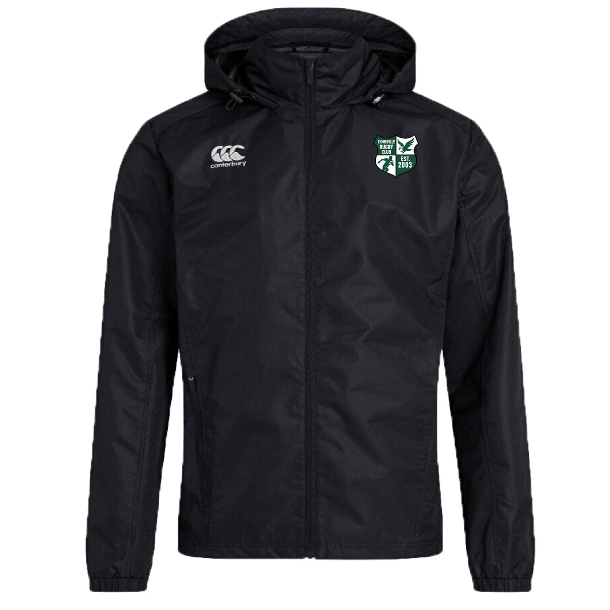 The Zionsville Rugby Club Vaposhield Full Zip Rain Jacket by EMB Canterbury is a black hooded rain jacket with a front zipper, water-resistant VapoShield tech, an EMB Canterbury logo on the right chest, and a green and white shield emblem on the left chest.