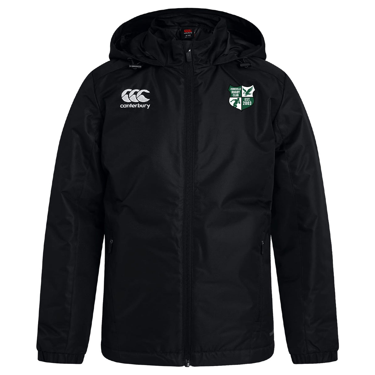 The Zionsville Rugby Club Vaposhield Stadium Jacket by EMB Canterbury is a black, hooded, full-zip jacket with padded insulation, a white Canterbury logo on the right chest, and a green and white crest on the left chest.