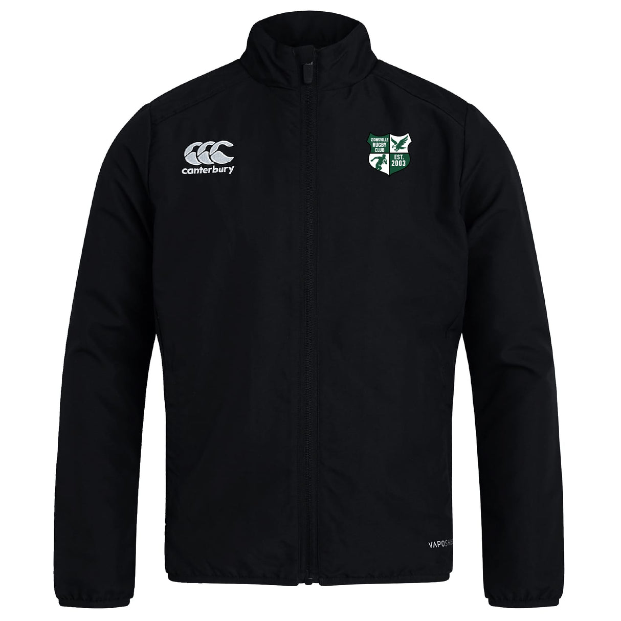 The Zionsville Rugby Club Track Jacket by EMB Canterbury is a black lightweight jacket featuring a high collar, zip front, and two embroidered chest logos: a white Canterbury logo and a green and white shield crest.