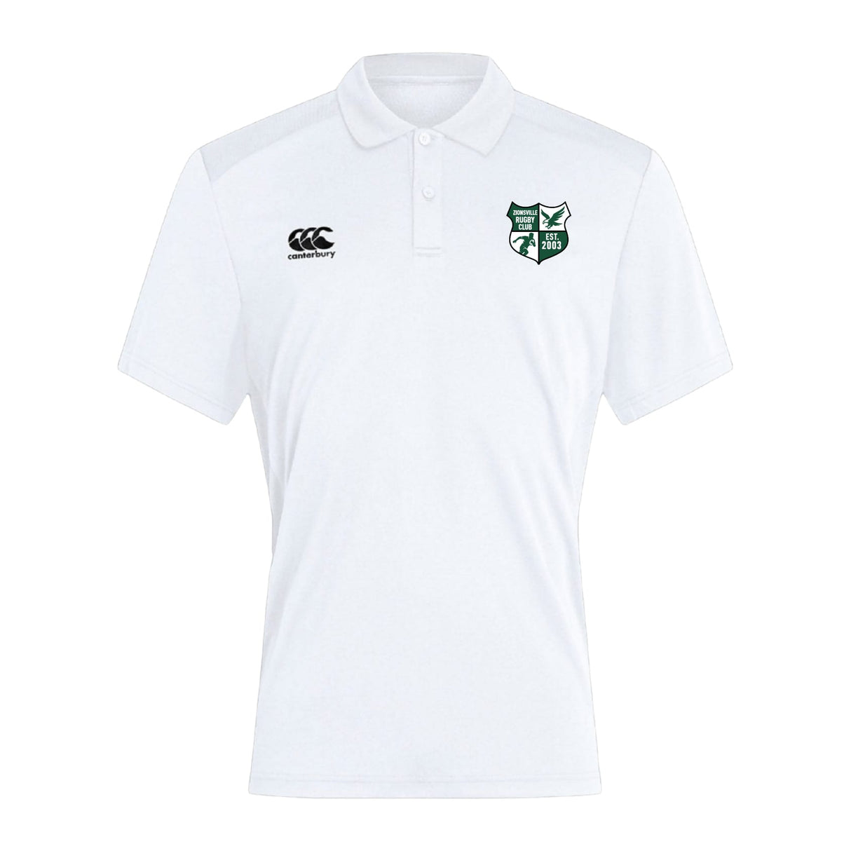 The Zionsville Rugby Club Club Dry Polo by EMB Canterbury features short sleeves, a white design with a green crest on the left chest, black Canterbury logo on the right, and Vapodri Technology for cool, comfortable breathability.