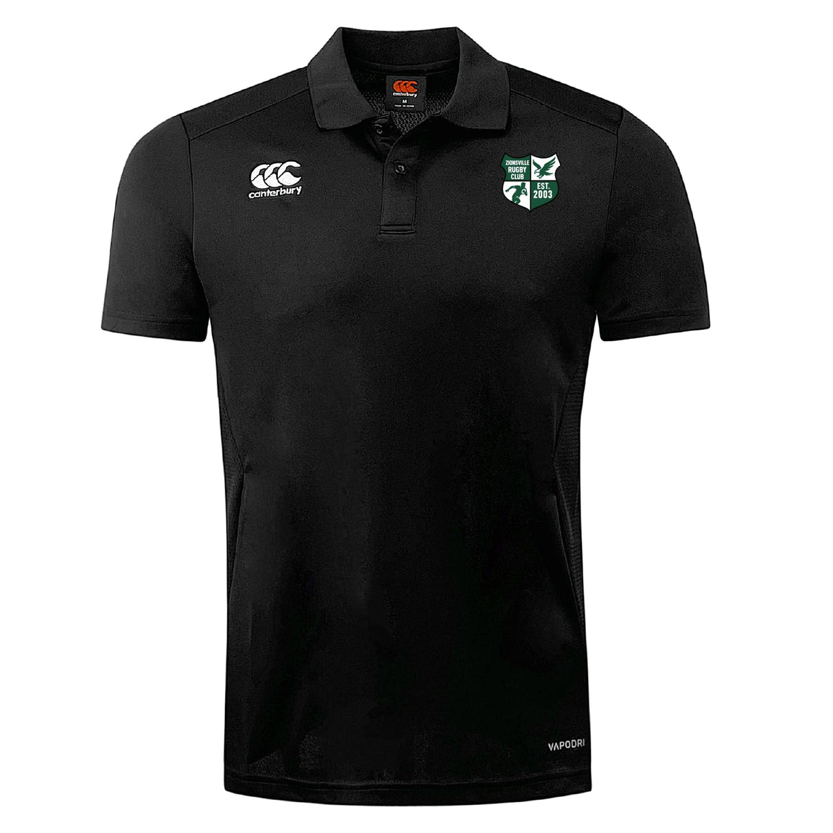 The Zionsville Rugby Club Club Dry Polo by Canterbury features a breathable black design, collar, and Vapodri Technology for cool comfort, with EMB Canterbury branding and club logos on the chest.
