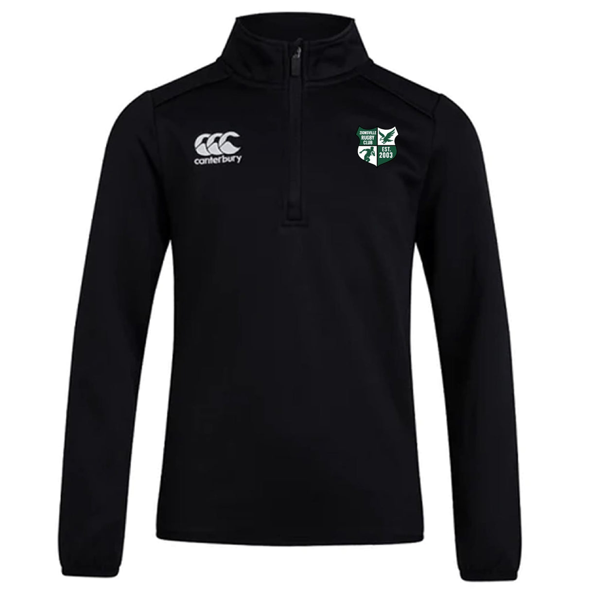 The Zionsville Rugby Club 1/4 Zip Mid Layer Training Top by EMB Canterbury is black with a white Canterbury logo on the right chest and a green and white CCC Club crest on the left chest.