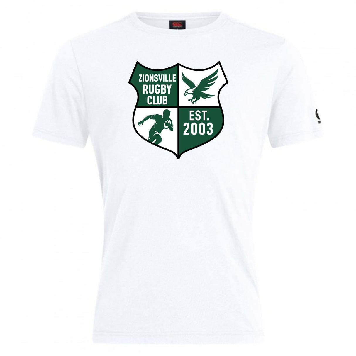 The Zionsville Rugby Club Club Plain Tee by Canterbury features a white cotton blend, green and black crest with an eagle, rugby player, and "EST. 2003" text. Brand: WRS Canterbury.