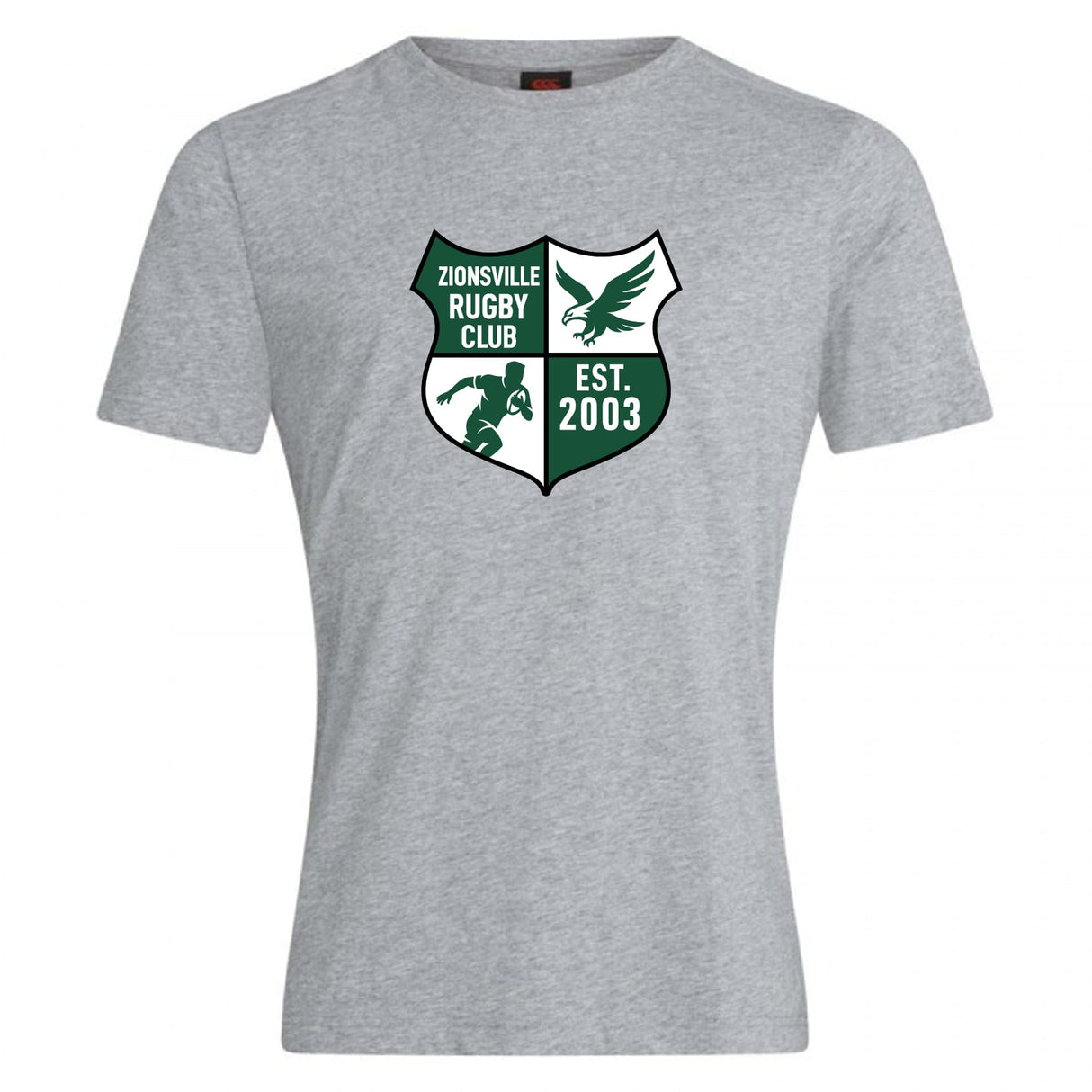 The Zionsville Rugby Club Club Plain Tee by WRS Canterbury is a gray cotton blend shirt with a green and white club crest—featuring an eagle, player, and “EST. 2003”—printed on the chest.