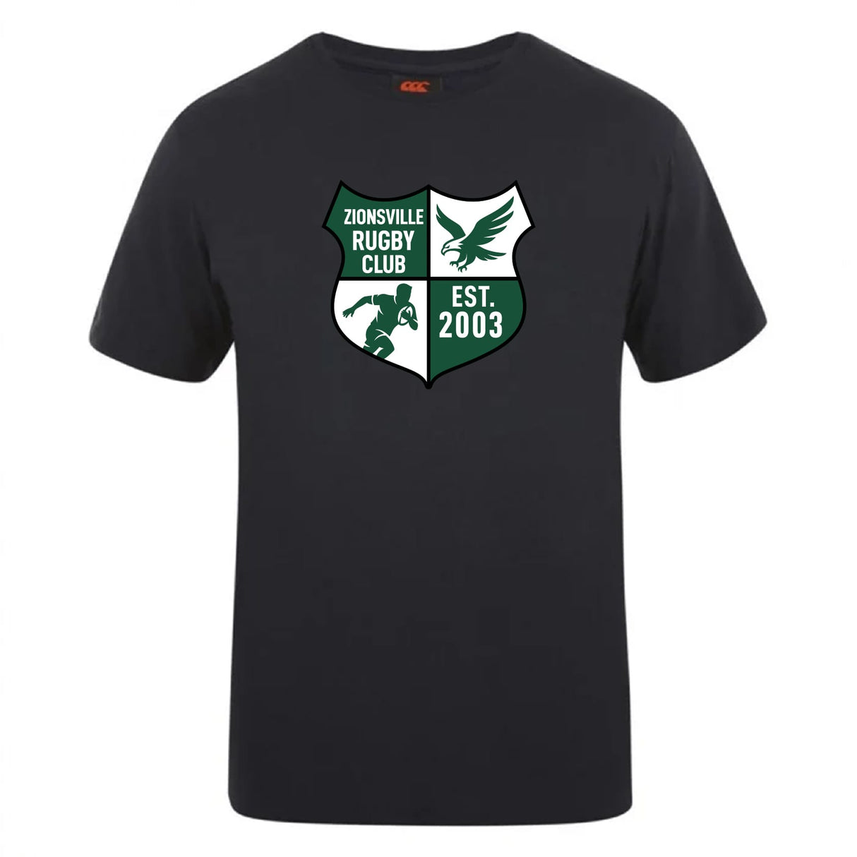 The Zionsville Rugby Club Club Plain Tee by WRS Canterbury is a black cotton-blend shirt with the club crest, bird and rugby player graphic, and "EST. 2003"—a customizable t-shirt ideal for fans.