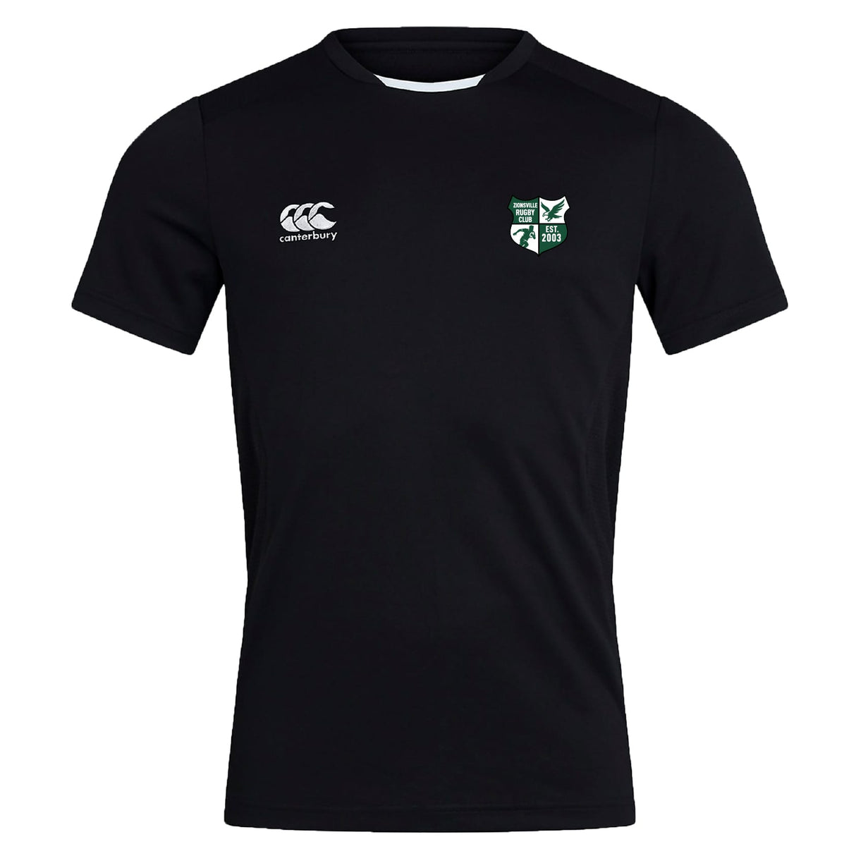 The Zionsville Rugby Club Club Dry Tee by Canterbury is a black short-sleeve jersey with a white Canterbury logo on the right chest, a green and white crest on the left, and Vapodri Technology for breathable comfort. Brand: EMB Canterbury.