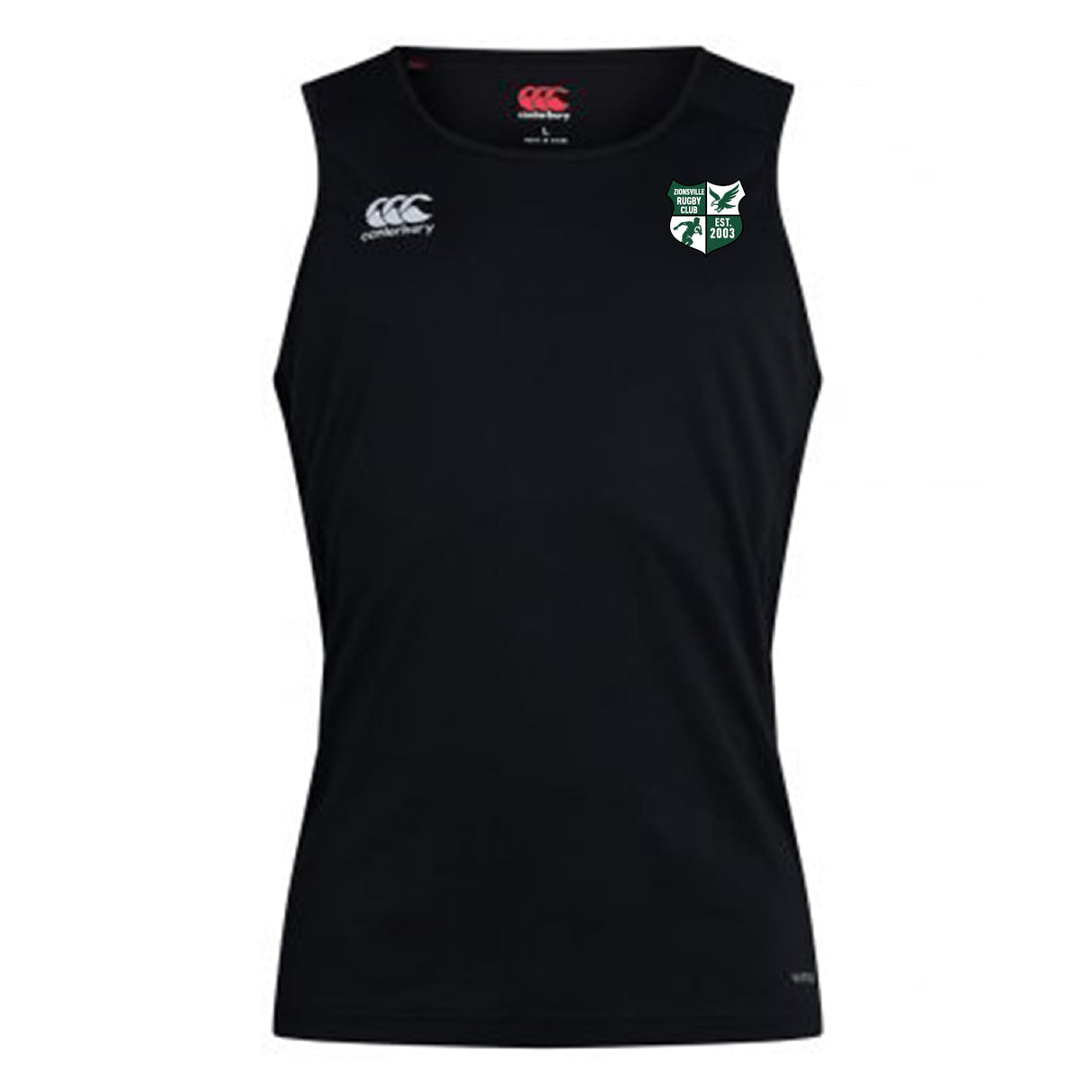 The Zionsville Rugby Club Club Dry Singlet by EMB Canterbury is a black sleeveless tank with Vapodri Technology, featuring a white Canterbury logo on the right chest and a green and white shield on the left—perfect for workouts.