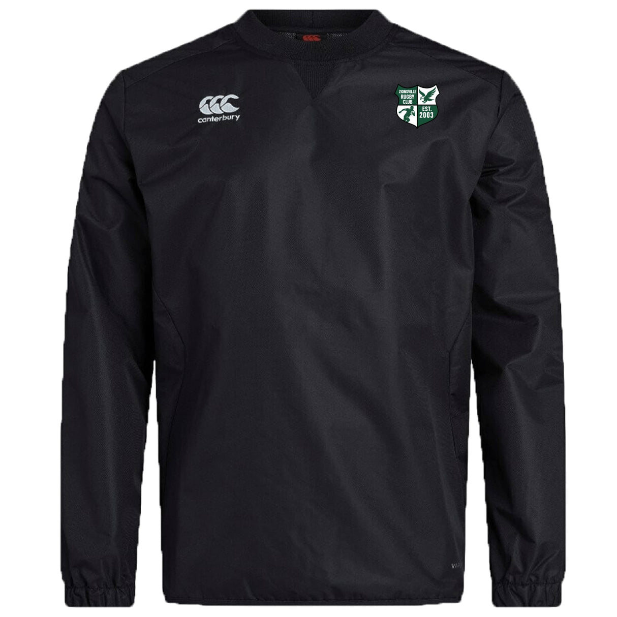 The Zionsville Rugby Club Vaposhield Contact Top by EMB Canterbury is a black long-sleeve top featuring the Canterbury logo on the right chest and a green and white club crest on the left, ideal for training sessions.