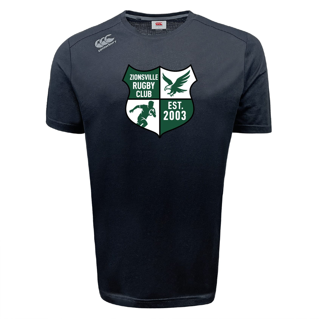 Stay cool and show team pride in the Zionsville Rugby Club Tempo Vapodri T-Shirt by WRS Canterbury, featuring the club's green and white shield (est. 2003), eagle, and rugby player graphics on a moisture-wicking black tee.