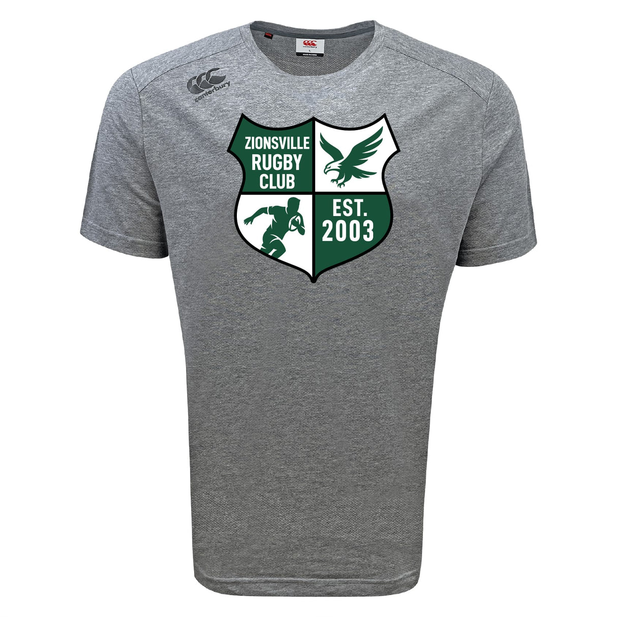 The Zionsville Rugby Club Tempo Vapodri T-Shirt by WRS Canterbury is a gray performance tee with a large club logo featuring an eagle, rugby player silhouette, and "Est. 2003" printed on the front.