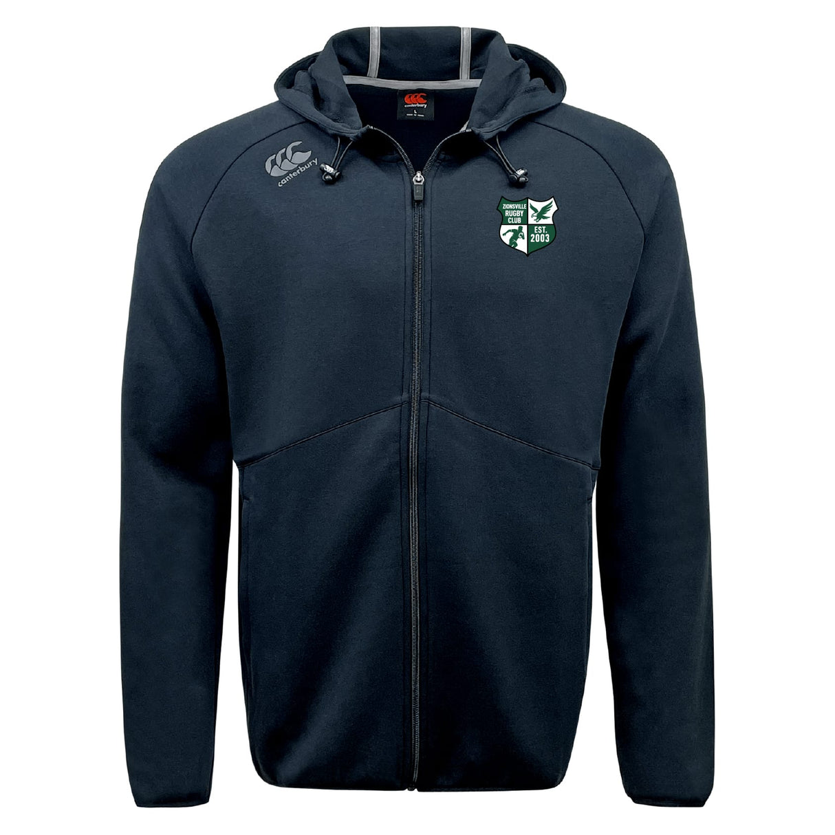 The Zionsville Rugby Club Tempo Vapodri Full-Zip Hoodie by EMB Canterbury features a hood, two drawstrings, and two chest badges—a logo and club crest. Its moisture-wicking fabric keeps you comfortable on the go.