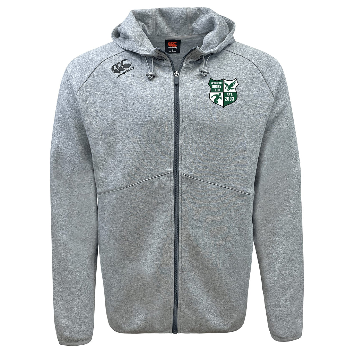 The Zionsville Rugby Club Tempo Vapodri Full-Zip Hoodie by EMB Canterbury features a moisture-wicking design, zip-up front, hood, two pockets, green and white crest on the left chest, and black and white Canterbury logo on the right.
