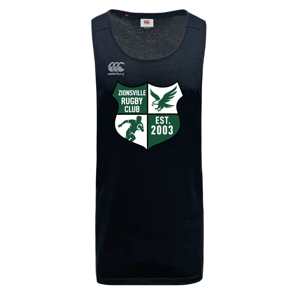 The Zionsville Rugby Club Tempo Vapodri Singlet by WRS Canterbury is a black recycled polyester jersey featuring the Canterbury logo and a green and white Zionsville crest with "Est. 2003" on the chest.